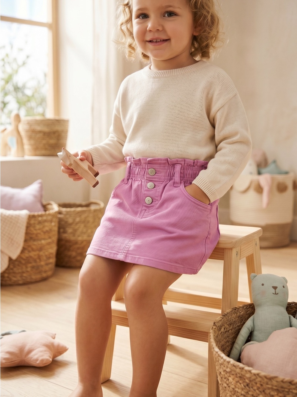 Zara Girls' Lavender Button-Front Denim Skirt